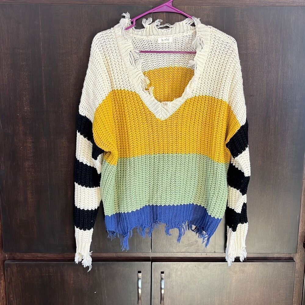 La Miel Distressed Color Block Sweater Size S/M